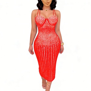 Women's Rhinestone Embellished Mesh Midi Dress - <b>Spaghetti</b> <b>Strap</b> Bodycon Party Gown Dresses Fashion - Product Image 1