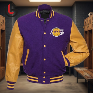 Patches Logo Baseball College Student Varsity Jacket with Stand Collar Patchwork Design <b>Purple</b> Wool Body Beige Sleeve <b>Men</b> - Product Image 3