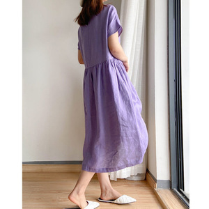 <span class=keywords><strong>Robe</strong></span> Décontractée d'Été Ample pour Femme <span class=keywords><strong>en</strong></span> Coton et <span class=keywords><strong>Lin</strong></span>, Manches Courtes, Grande Taille, Couleur Unie, Col Rond - Product Image 3