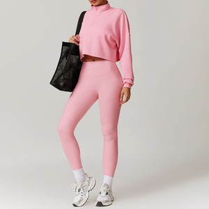 2025 Winter Half Zip Long Sleeve Casual Cropped Sports <strong>Jumper</strong> and High Waist Ribbed Yoga <strong>Leggings</strong> Nylon 2PCS Women's Active <strong>Wear</strong> - Product Image 3