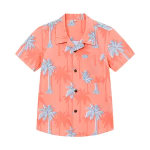 Summer Boys Cute Tropical Plant Shirts Kids Boy Cotton Short Sleeve Turn Down Collar Buttoned Casual School Pink Children Shirts