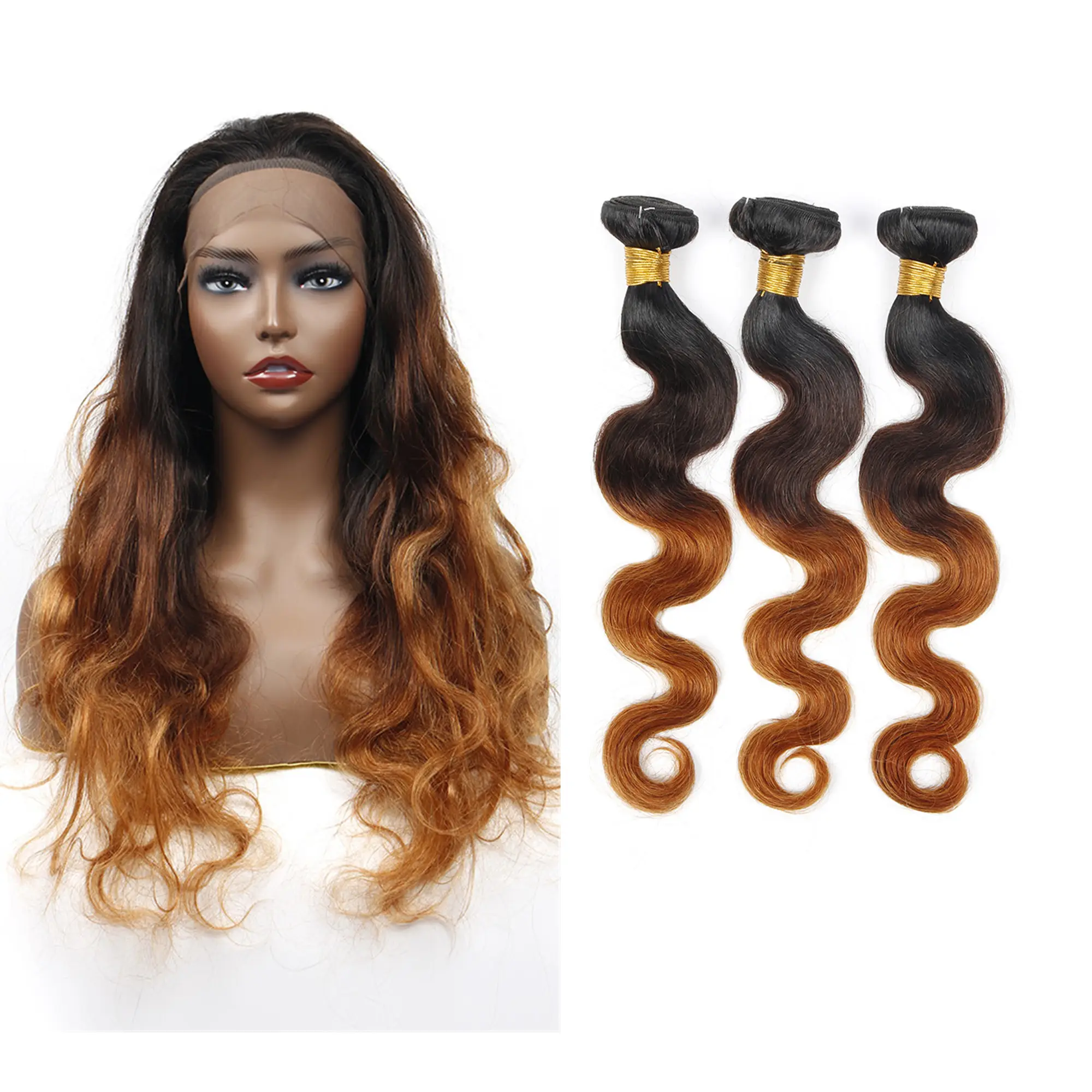 Ombre Body Wave Bundles Honey Brown 1b/30 Human Hair Bundles, Brazilian Virgin Hair Weave Bundles, 2 Tones Remy Hair Extensions