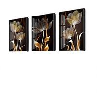 Arte Mural de Flor de Loto Dorada, Tríptico de 3 Piezas en Aleación de Aluminio, Decoración Botánica Minimalista en Negro y Dorado, Decoración de Lujo para Pasillo y Hogar