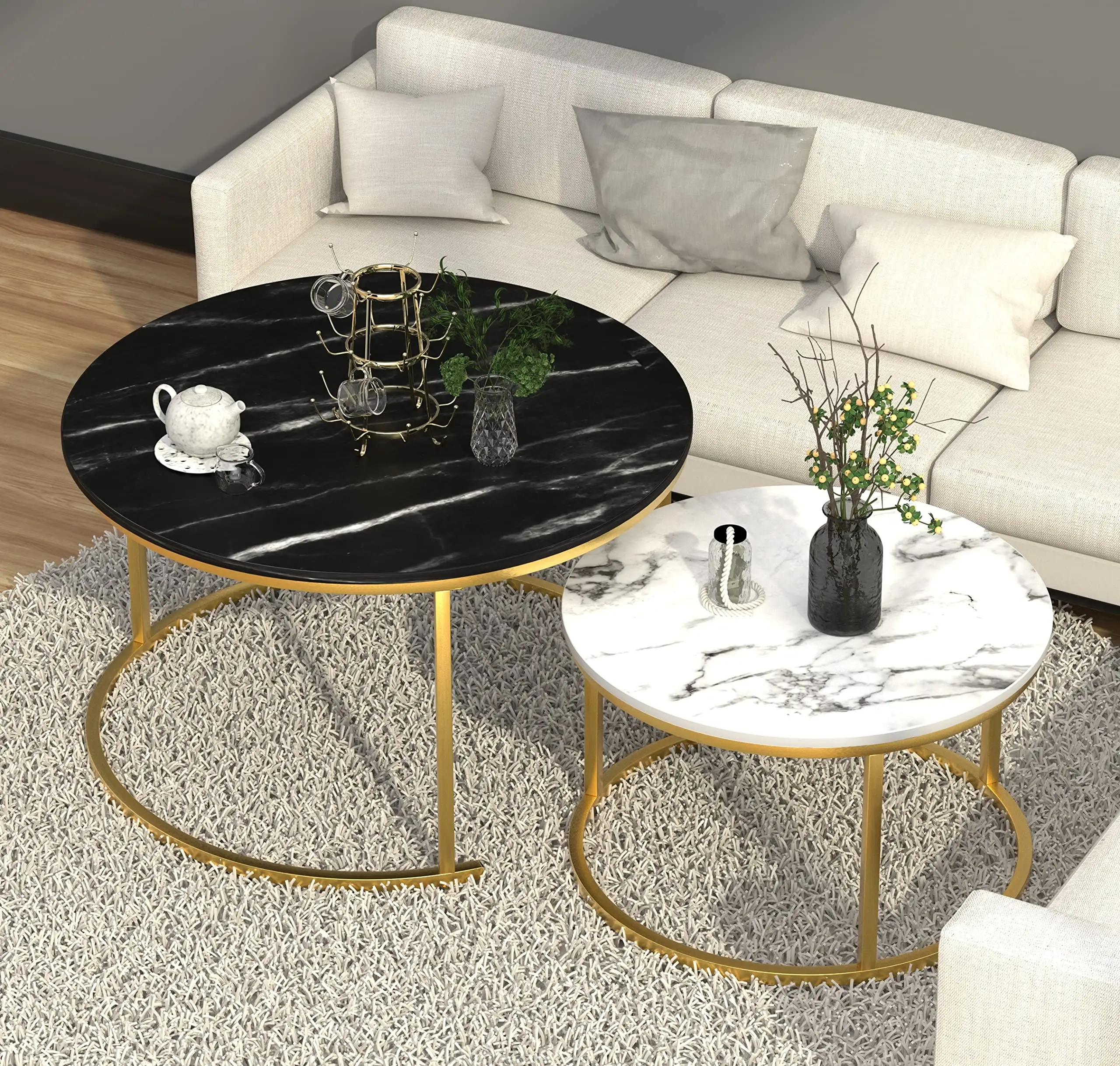 Tavolino da caffè nidificante Set di 2 tavoli da soggiorno in rovere con robusto metallo in ferro rotondo accento lato accatastamento tavoli telaio, moderno