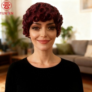 Peluca Corta Rizada sin Pegamento, Hecha a Máquina con Cabello Humano Remy Chino 100% Virgen, Construcción con Gorro Elástico, Fácil de Teñir en <span class=keywords><strong>Color</strong></span> <span class=keywords><strong>Vino</strong></span> Tinto para Mujeres - Product Image 2