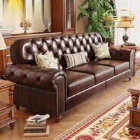 Canapé Chesterfield en cuir véritable de style moderne du milieu du siècle, villa, trois places, à tirette, rangée droite, cuir de vachette de première qualité ciré à l'huile