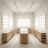 Solution complète d'aménagement pour magasin d'optique, Vitrine à lunettes en bois grainé avec peinture laquée, Vitrine murale rétroéclairée