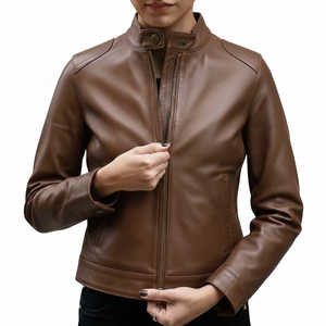 Veste courte de moto en cuir d'agneau de qualité supérieure pour femmes, marron classique |   Véritable peau d'agneau douce |   Style décontracté élégant pour l'automne - Product Image 1