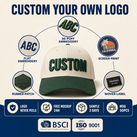 Casquette de baseball personnalisée avec logo brodé en relief 3D, bicolore, en coton, 5 panneaux, visière incurvée réglable, unisexe, vente en gros, OEM, faible MOQ