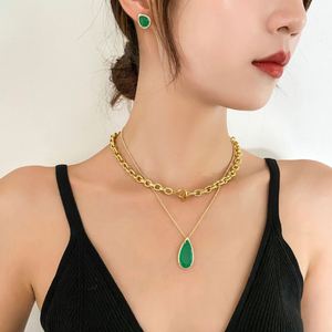 Fashion Eco-friendly Copper Teardrop Green Zircon Layered Pendant Necklace Set 18K Jewelry Gold Plated Sets for Everyday Wear - Product Image 5