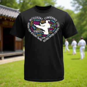 T-shirt de karaté pour filles, manches courtes, col rond, impression numérique, design avec des mots sur le thème des arts martiaux, pour le sport et les jeux - Product Image 3