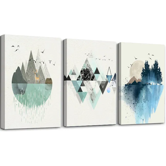 3 Panels Abstract Geometry Mountain in Daytime Canvas Prints Wall Art Painting for Living Room