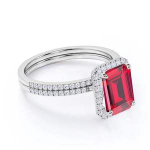 แหวนแต่งงานคลาสสิกเงินแท้ 925 ประดับทับทิมและเพทายทรงเหลี่ยมมรกตแบบฝังหนามเตย - Product Image 1