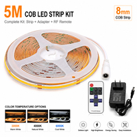 Kit de bande LED COB flexible monocolore blanc chaud sans points, 5M, dimmable, 8mm, DC12V 24V, avec adaptateur d'alimentation et télécommande RF pour intérieur