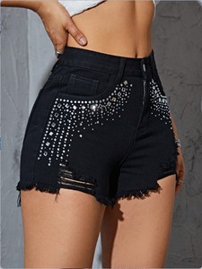 Shorts in denim da donna a vita alta, elasticizzati, strappati, con perline e strass neri, <span class=keywords><strong>super</strong></span> trendy per l'estate - Product Image 4