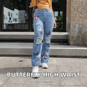 Pantalones Vaqueros de Mezclilla con Estampado de Mariposas para Mujer, Jeans con Agujeros, Corte Recto, Cintura Alta, Ajuste Regular, Estilo Vintage, Lavado Casual para Otoño - Product Image 2