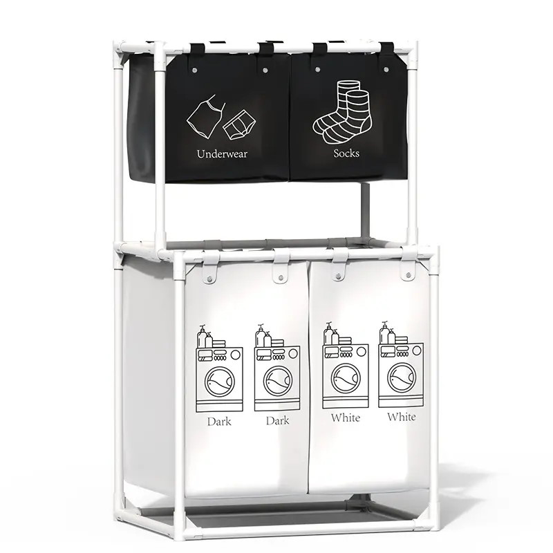 Hochwertiger Rollbarer 4-Taschen-Wäsche-Sortierkorb 2 Stufen-Wäsche-Sortierkorb zum Organisieren von Kleidung