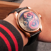 Montre mécanique en acier inoxydable rose doré avec dragon rouge 3D pour hommes, montres automatiques, logo de marque personnalisé, fournisseur