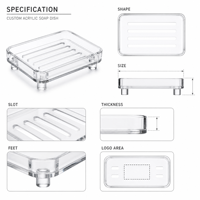 Porte-savon en acrylique personnalisé transparent avec fentes de drainage, pieds surélevés et espace pour logo, idéal pour hôtel, spa, coffret cadeau