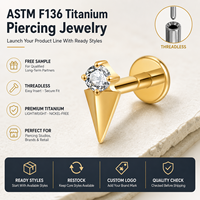 Perhiasan tindik JiaXin ASTM F136 Titanium Grade Implant, tanpa ulir, flat back, labret stud, untuk bibir, helix, conch, dengan inlay zircon berbentuk hati, ukuran 16G
