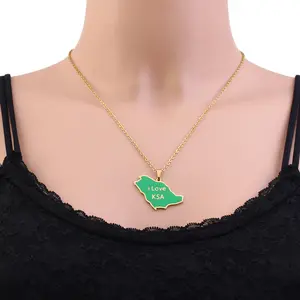 Manufacturer Enameled Saudi Arabia Map Chain Necklaces Stainless Steel Silver 18K Gold Plated National Flag Map Pendant Necklace