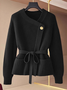 Cárdigan de Punto Asimétrico para Mujer, de Color Sólido, con Cinturón y Diseño de un Solo Botón, Suéter a la Moda - Product Image 2