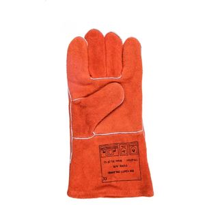 Certifié CE EN12477 Orange <span class=keywords><strong>Rouge</strong></span> Pouce Droit Vache Deuxième Couche Cou Gants de Sécurité en Cuir pour le Soudage Isolation Thermique Flamme - Product Image 3
