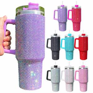 Vaso Térmico de 40oz con Aislamiento al Vacío, con Cristales de Diamante y Pedrería, para Agua, Café, Viajes, con Asa y Pajita - Product Image 1