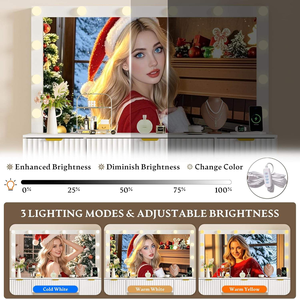 Miroir de coiffeuse à motif ondulé avec éclairage LED, 3 modes d'éclairage, luminosité réglable, ensemble de coiffeuse avec tiroir de rangement - Product Image 4