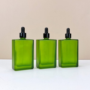 Custom Frosted Green Serum <b>Bottle</b> 15ML 30Ml 50Ml 100Ml Flat Square Rectangle Emulsion Oil <b>Dropper</b> Glass <b>Bottles</b> for Skin Care - Product Image 2