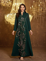 Robe de soirée élégante pour femme, col montant, manches longues, ornée de sequins brillants, broderies et patchwork en satin, respirante, style musulman modeste