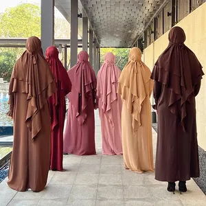 Fashionable Jilbab Ramadan Eid Women Cloth Two Pieces Set Solid Color Jilbab Abaya Muslim Dress Ploylester Cotton Prayer Abaya