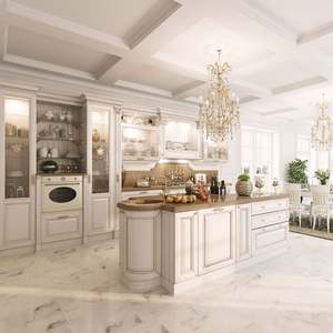 Meubles de cuisine sur mesure, armoires modernes en bois massif blanc shaker avec îlot en quartz/bois - Product Image 3