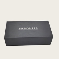 Boîte cadeau rigide magnétique en carton recyclable noir avec logo personnalisé, design pliable, matériaux recyclés, impression argentée