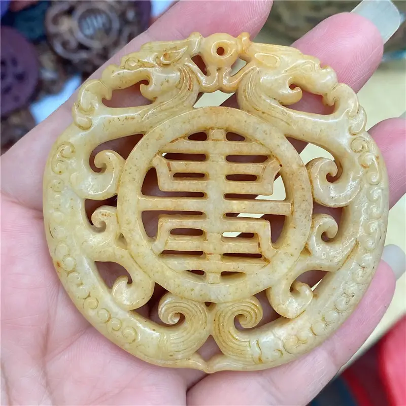 Natural hand carved jade pendant 60mm large coin shape Gorgeous natural yellow brown antique looking stone pendants