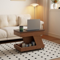 Table basse en bois massif de style mid-century moderne avec plateau en pierre rotatif et rangement dissimulé, réglable et mobile BJ058