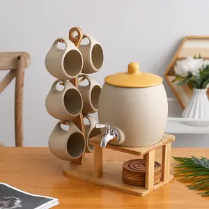 Nuovo Design Bamboo and Ceramic Water Pot Design creativo Set di bollitore e tazze in ceramica con rubinetto decorazioni per la casa per la cucina del soggiorno