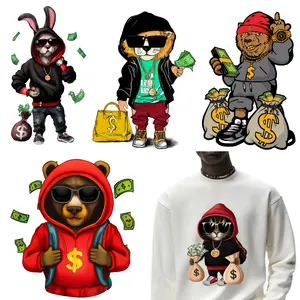 Pegatinas de animales para hacer dinero, de alta calidad, a la moda, para ropa personalizada, bolsas de conejo, Hustle Bear, almohadas, Impresión de transferencia térmica DTF - Product Image 1