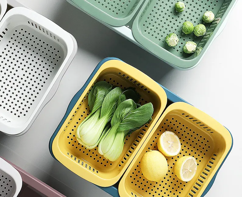 4 Color Double Layer Plastic Kitchen Fruit And Vegetable Cleaning And Drainage Basket Strainer