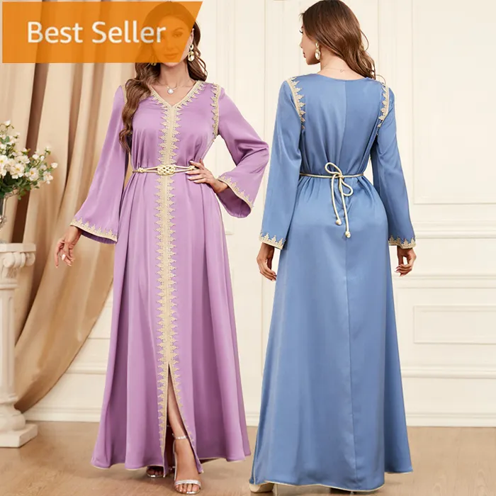 2024 Damen Stickerei Mittlerer Osten Kleid muslimisch Abaya lange Ärmel ethnischer Luxus Gürtel Stil islamischer langen Kaftan Party-Kleid