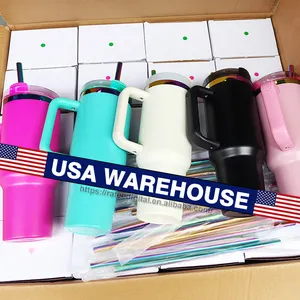 USA Warehouse 40oz 40 oz Laser Engraved Rainbow Plated Powder Coated Stainless Steel Tumbler Cup with Handle and Metal Straw