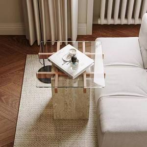 Table basse en verre travertin naturel 50x50x55cm, table d'appoint carrée moderne pour salon, pour adultes et personnes âgées - Product Image 1