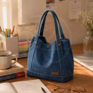 Bolsa de Compras Plegable de Alta Calidad para Mujer, Bolso Tote Azul de Moda, Bolso de Mano Reutilizable de Estilo Bohemio para Uso Diario - Product Image 2