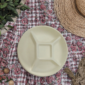 Assiettes blanches et brunes jetables biodégradables rondes à 5 compartiments Plat en papier jetable à base de canne à sucre et de <span class=keywords><strong>bambou</strong></span> - Product Image 4