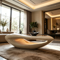 Table basse ovale en verre noir avec plateau en verre, structure en fibre de verre beige brillante et éclairage LED d'ambiance pour un intérieur contemporain