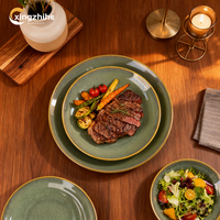 Service de table en grès céramique moderne vert 16 pièces avec glaçure réactive écologique, compatible lave-vaisselle et four, pour usage domestique