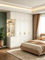 Armoire de chambre moderne en MDF à prix d'usine avec coiffeuse intégrée et étagères ouvertes, armoire de rangement pour vêtements personnalisable