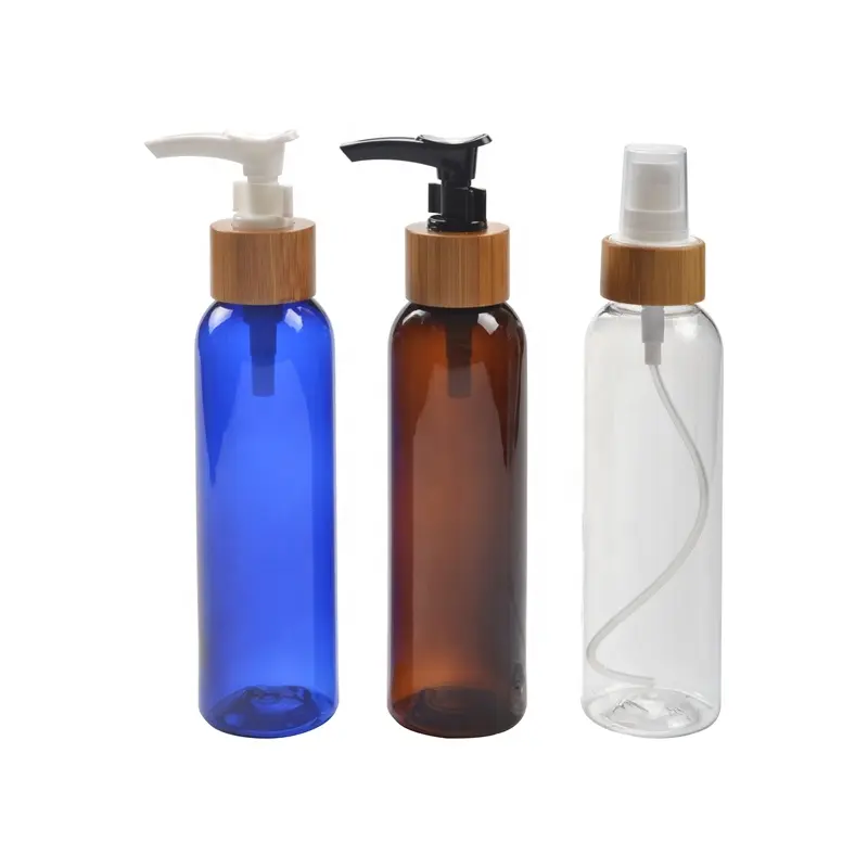 150 ml mavi plastik PET losyon şişe bambu ahşap pompalı kozmetik şişesi kahverengi şeffaf pet şişe ile bambu sprey pompası
