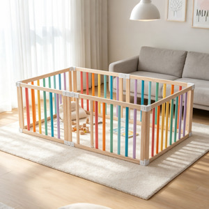 Parc de jeu pliable en bois réglable pour bébés et tout-petits, grande surface de jeu intérieure avec barrière verrouillable, parc de jeu pour enfants - Product Image 1