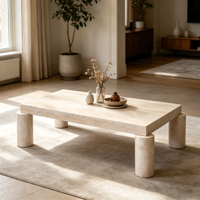 Table basse en travertin naturel de qualité supérieure avec plateau rectangulaire et quatre bases cylindriques en marbre